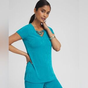 Chicos Shirt Womens 3 US XL Travelers Chain Detail Short Sleeve Stretch Blue